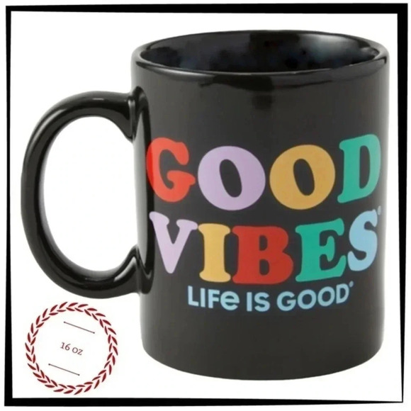 Life Is Good Other - Life Is Good Good Vibes Black Mug 16 oz Colorful Quote Ceramic Coffee Cup BNIB